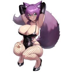 1girls arm_gloves arms_behind_head big_breasts cleavage dress female female_only fishnet_pantyhose fishnets fox_ears fox_girl fox_tail furry_tail gad_ddx green_eyes heels looking_at_viewer purple_hair smiling smiling_at_viewer solo squatting tail tattoo tattoo_on_leg very_high_resolution white_background