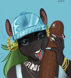 1boy 1girls anthro banjee big_penis black_fur blue_eyeshadow blue_hat blue_jeans blue_lips blue_lipstick dark-skinned_male dark_fur dark_skin female fur furry gold_(metal) gold_earrings gold_jewelry green_hair handjob hi_res hoop_earrings hoop_earrings_oversized huge_cock large_penis licking licking_penis light_blue_hat lipstick long_hair male male/female open_mouth open_mouth_smile penis penis_lick pyredaemos pyredoot rodent smile solo_focus squigga squirrel squirrel_ears squirrel_girl squirrel_tail teeth tongue tongue_out tongue_piercing