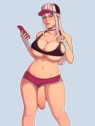 1futa bandaged_hand barely_contained_breasts big_breasts big_penis breasts cap choker clothed clothing commission davespinup flaccid foreskin futa_only futanari hi_res holding_phone human light-skinned_futanari light_skin long_hair looking_at_viewer mostly_nude orange_eyes original_character partially_retracted_foreskin penis penis_hanging penis_out penis_out_of_shorts phone skimpy skimpy_clothes solo standing text_on_hat uncut underboob white_hair