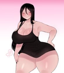 1girls big_breasts black_hair blush cinnabus dress female female_only hand_on_hip light-skinned_female light_skin long_hair looking_away mole mole_under_mouth narrowed_eyes one_eye_closed pink_eyes smile solo thick_thighs wavy_mouth wide_hips