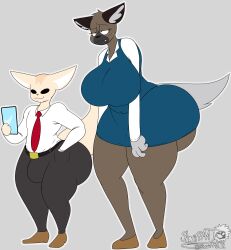 2022 aggressive_retsuko anthro ass big_ass big_breasts big_butt breasts bulge clothing digital_media_(artwork) dress duo fat_ass female fenneko grey_background haida hi_res huge_ass huge_breasts huge_butt male male/female masterj291 office_lady phone rule_63 sanrio short_dress simple_background smooth_fur thick_thighs