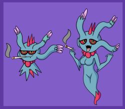 2022 2girls 2pokemon ancient_pokemon anthro anthrofied bare_arms bare_shoulders bare_thighs blue_body blue_feathers blue_female blue_skin breasts breasts breasts_out digital_media_(artwork) droopy_eyes drugs fangs feathers female female_only flipping_off flipping_viewer_off floating flutter_mane generation_9_pokemon ghost ghost_girl horns humanoid jewelry legs_together looking_at_viewer magitheelf mascara necklace necklace_only nintendo no_arms no_clothes no_humans no_legs no_nipples no_nose nude nude_female paradox_pokemon pokémon_(species) pokemon pokemon_(species) pokemon_sv purple_background purple_border red_eyes red_sclera smile smiling smiling_at_viewer smoke smoking smoking_cigarette spirit tongue tongue_out video_games yellow_eyes