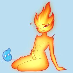 1boy elemental elemental_(pixar) elemental_humanoid elementals_(film) ember_lumen erection femboy fire fire_hair flat_chest gay genitals humanoid_penis male male/male male_only nipples nude penis pixar pose rule_63 self_upload sitting smile teeth thick_thighs wade_ripple water wavy_mouth wide_hips wolffaloba yaoi