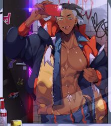 1boy 1male abs aqua_eyes bare_chest bare_pectorals belly_button_piercing dark-skinned_male dark_skin ear_piercing green_eyes human maemoooo male male_only muscles muscular_male nipple_piercing open_shirt pecs piercing piercings pokemon pokemon_(game) pokemon_ss raihan_(pokemon) salt_and_pepper_hair selfie solo tongue tongue_out tongue_piercing