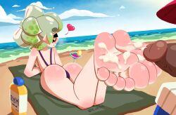 1boy 1boy1girl 1girl 1girls alcohol animal_humanoid ass barefoot beach beverage bikini_thong blush bodily_fluids cephalopod cephalopod_humanoid clothing cocktail cum cum_on_feet duo feet female foot_fetish genital_fluids genitals green_hair hair heart hi_res humanoid inkling looking_at_viewer lying male male/female marie_(splatoon) marine marine_humanoid markings mole_(marking) mollusk mollusk_humanoid n_sktch nintendo on_front orange_eyes penis rear_view seaside smile soles splatoon swimwear toes towel