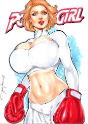 1girls alternate_version_available artist_signature belly belly_button black_outline blonde_hair blue_eyes boob_window boxing boxing_gloves comic_cover curvaceous curvy_body curvy_female curvy_figure dc dc_comics drawstring ed_benes_studio english_text female female_only gloves hi_res high_resolution jeferson_lima justice_society_of_america karen_starr kryptonian large_breasts light-skinned_female light_skin lips lipstick mascara power_girl red_boxing_gloves red_eyeshadow red_gloves red_lipstick seductive_look short_hair shorts simple_background solo superman_(series) text two_tone_background underboob viewed_from_below voluptuous voluptuous_female white_shirt white_shorts