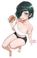 1girls barefoot big_breasts black_eye_patch black_shorts blue_eyes burger chainsaw_man cleavage eye_patch feet female female_only food green_hair himeno_(chainsaw_man) imminent_eating kiritzugu light-skinned_female looking_at_viewer navel open_mouth shirt short_hair shorts solo spaghetti_strap