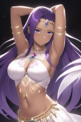 ai_generated black_background brown_skin cleavage clothing dancer dancer_outfit dark-skinned_female dragon_quest dragon_quest_iv harem harem_girl harem_outfit indian indian_female jewelry maya_mahabala medium_breasts midriff necklace purple_eyes purple_hair stable_diffusion