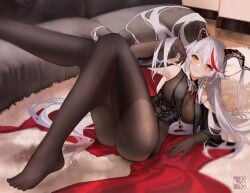 aegir_(azur_lane) arm_support armpits artist_logo ass azur_lane bangs black_cape blush bodystocking breast_curtains breasts brown_bodysuit brown_gloves cape carpet chinese_commentary closed_mouth commentary_request corset couch demon_horns earrings elbow_gloves eyelashes feet female fine_fabric_emphasis flowerscur foot_out_of_frame foreshortening gloves grey_hair hair_on_horn hand_up highres horns indoors jewelry knee_up knees_together_feet_apart large_breasts leaning_to_the_side leg_up legs long_hair looking_at_viewer lying multicolored_hair navel no_shoes on_back pussy red_cape red_hair shiny shiny_hair shiny_skin sidelocks smile solo streaked_hair thighs toenails toes two-sided_cape two-sided_fabric uncensored very_long_hair yellow_eyes