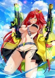 belt belt_buckle big_breasts bikini black_bikini breasts cluseller elly_(vtuber) female female_only green_eyes grin grinning grinning_at_viewer hair_ribbon indie_virtual_youtuber jacket looking_at_viewer micro_bikini navel ocean ponytail red_hair smile smiling smiling_at_viewer solo solo_female super_soaker swimsuit tattoo underboob virtual_youtuber water water_gun yellow_jacket