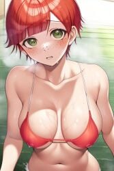 ai_generated bikini blush danganronpa danganronpa_2:_goodbye_despair freckles freckles_on_face green_eyes koizumi_mahiru looking_at_viewer nervous nipple_bulge nipples nipples_visible_through_clothing open_mouth red_hair short_hair stable_diffusion steam super_danganronpa_2 very_short_hair water wet