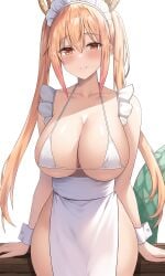 1girls absurdres apron big_breasts bikini blonde_hair breasts female horned_humanoid horns jasony light-skinned_female long_hair maid maid_bikini maid_headdress miss_kobayashi's_dragon_maid orange_eyes tail tailed_humanoid tohru_(dragon_maid)