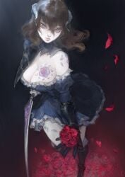 absurd_res bloodstained:_ritual_of_the_night blue_eyes brown_hair cleavage female hi_res miriam_(bloodstained) natthelich rose short_hair skirt solo sword tattoo thighs weapon