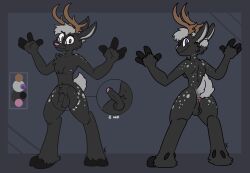 anthro antlers anus ass backsack balls black_body black_fur cheek_tuft chest_tuft deer dewclaw_hooves erection eyewear eyewear_only facial_tuft foreskin fur genitals glasses glasses_only grey_background grey_hair grey_spots hair hi_res hooves horn humanoid_genitalia humanoid_penis male mammal model_sheet nude penis pubes simple_background smile solo spots spotted_body spotted_fur the_xing1 tuft