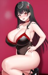 ai_generated big_breasts black_hair black_lineart large_hair lingerie red_lines smile