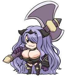 1girls aokuro axe bare_thighs black_panties breasts camilla_(fire_emblem) chibi cleavage female female_only fire_emblem fire_emblem_fates gloves hair_over_one_eye horn inner_thighs large_breasts long_hair nintendo panties pink_eyes purple_hair smile solo thighs underwear very_long_hair weapon