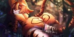 1girls anthro biting_lip female fur furry hi_res kiny lip_bite looking_back lying lying_on_stomach masturbation nude nude_female orange_fur outdoors outside pantherine pussy_juice smiling tail_in_pussy tail_masturbation tiger