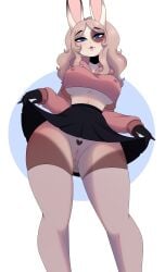 absurd_res anthro blonde_hair blue_eyes bottomwear breasts butt_from_the_front clothed clothing clothing_lift crop_top crop_top_sweater female fur genitals hair heart_(marking) hi_res lagomorph legwear leporid long_sleeves looking_at_viewer looking_down_at_viewer low-angle_view mammal midriff narrowed_eyes nipple_outline no_underwear presenting presenting_pussy pussy rabbit seirva shirt skirt skirt_lift solo stockings tan_body tan_fur thigh_highs topwear under_boob