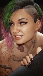 1girls 3d 3d_(artwork) blender blender_(software) cyberpunk_2077 dark_brown_eyes female female_on_top female_only green_hair judy_alvarez makeup nude nude_female pink_hair rescraft smile smiling tattoo