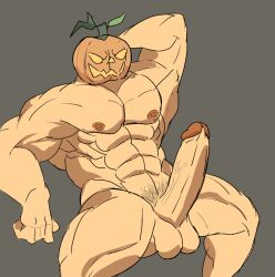 balls bara big_balls big_penis boner erection halloween male male_only muscles muscular nalnahi1 penis pumpkin pumpkin_head solo solo_male spread_legs