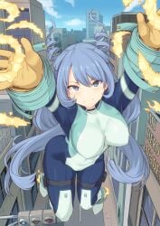 1girls arms_up blue_eyes blue_hair blush bodysuit breasts covered_nipples drill_hair female full_body gloves hadou_nejire hadou_nejire_(hero_outfit) hero_outfit_(mha) large_breasts light-skinned_female light_skin my_hero_academia nejire_hado nejire_hado_(hero_outfit) outdoors outside shiseki_hirame skin_tight solo tight_clothing