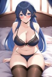 ai_generated alluring anime_lingerie blue_eyes blue_lingerie breasts female female_only fire_emblem fire_emblem_awakening hands_on_bed huge_breasts in_bed lingerie looking_at_viewer lucina_(fire_emblem) nai_diffusion nintendo pale-skinned_female sitting sitting_on_bed smile smiling_at_viewer solo solo_female stable_diffusion straight_hair thick_thighs thighhighs window