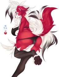 anthro big_breasts breasts clothing female fluffymonsterart generation_7_pokemon genitals legwear looking_at_viewer lycanroc midnight_lycanroc nintendo pokémon_(species) pokemon pokemon_(species) pussy red_body red_eyes solo translucent translucent_clothing white_body