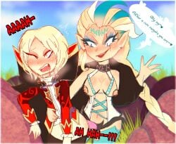 anal blonde_hair blue_eyes blush braids breasts cape clothed_sex digital_media_(artwork) dominant_female earrings fanart fangs femdom light_skin lingerie long_hair nipples pegging pointy_ears red_eyes scar short_hair strap-on submissive_male summoners_war vampire