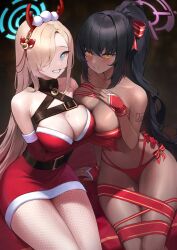 2girls asuna_(blue_archive) black_hair blonde_hair blue_archive blue_eyes breasts brown_skin chocolate_and_vanilla christmas cleavage dark-skinned_female dark_skin female fishnet_pantyhose fishnets hair_over_one_eye huge_breasts karin_(blue_archive) light-skinned_female light_skin long_hair pantyhose ponytail sbgu smile yellow_eyes