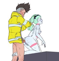1boy 1girls anal anal_sex anus ass breasts cyberpunk:_edgerunners david_martinez_(edgerunners) digital_media_(artwork) female hair_pull handlebars heidibiersack latino male penis pulling_hair pussy rebecca_(edgerunners) shortstack small_breasts straight tattoos