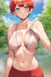 ai_generated bikini blush danganronpa danganronpa_2:_goodbye_despair freckles freckles_on_face green_eyes koizumi_mahiru looking_at_viewer nervous nipples nipples_visible_through_clothing open_mouth red_hair short_hair stable_diffusion steam super_danganronpa_2 very_short_hair water wet_clothes