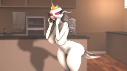 16:9 3d_(artwork) 3d_background anthro avian beak big_breasts bird breasts crown demon digital_media_(artwork) feathers female helluva_boss hi_res male mature_female nipples orangeflyingfox owl owl_demon simple_background smile solo stella_(helluva_boss) white_body widescreen