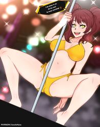 1girls almost_naked big_breasts bikini brown_hair cameltoe copper_hair dialogue digital_media_(artwork) kujikawa_rise lights persona persona_4 pole_dancing ponytail presenting_pussy scocks4you shadow_(persona) shadow_rise shadow_self_(persona) smile solo spread_legs stage stripper_pole tiptoes watermark white_skin yellow_bikini yellow_eyes