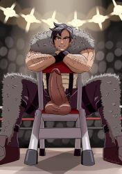 1boy arm_hair audience balls bara beowulf_(skullgirls) big_balls big_penis black_hair body_hair boner erection facial_hair folding_chair fully_clothed looking_at_viewer looking_down looking_down_at_viewer low-angle_view male male_only muscles muscular muscular_arms penis penis_out pov pov_eye_contact proud_of_his_cock public public_exposure sitting skullgirls smile smiling_at_viewer solo solo_male spread_legs wolfshirtart wrestling_ring