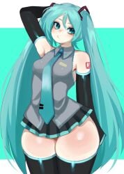 1girls aqua_eyes aqua_hair armpits armwear black_skirt black_sleeves black_thighhighs blue_eyes blue_hair blue_necktie blush boots bottom_heavy breasts collared_shirt detached_sleeves female fredek666 full_body grey_shirt hatsune_miku huge_thighs long_hair long_sleeves medium_breasts miniskirt necktie number_tattoo pear-shaped_figure pear_shaped pleated_skirt red_tattoo shoulder_tattoo simple_background skirt sleeveless sleeveless_shirt solo standing tattoo thick_thighs thighhighs thighs twintails very_long_hair vocaloid wide_hips