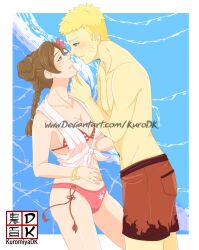 1boy1girl bikini blonde_hair blue_eyes blush bracelets braid braided_ponytail breasts brown_eyes brown_hair busty cleavage couple double_bun flame_print flower_in_hair imminent_kiss kuromiyadk looking_at_another male/female naruto naruto:_the_last naruto_(series) naruto_shippuden romantic romantic_couple shirt shirtless shirtless_(male) shorts smile smiling_at_another straight striped_bikini swimsuit swimwear tenten tied_shirt url uzumaki_naruto watermark web_address yellow_hair