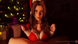 1boy 1girls 3d aerith_gainsborough animated bouncing_breasts breasts christmas christmas_clothing christmas_headwear christmas_outfit clothed_female cum cum_on_face eye_contact female final_fantasy final_fantasy_vii green_eyes human male_pov paizuri pov titjob video xxroninxx