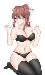 1girls 5_fingers black_bra black_panties bra breasts cleavage doki_doki_literature_club eye_closed female green_eyes kun_kaiss long_hair monika_(doki_doki_literature_club) navel one_eye_closed panties solo solo_female thighhighs white_background