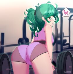 1girls alternate_hairstyle ass back_view blush breasts butt cameltoe chenki eye_contact female female_only fully_clothed green_eyes green_hair looking_at_viewer looking_back one-punch_man ponytail shorts sideboob small_breasts solo spoken_heart sports_bra tatsumaki thighs tight_clothing tight_fit