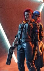 2022 2girls 3d alleyca7 blue_hair bob_cut clothed clothing cyberpunk_2077 evelyn_parker fanart female female_only glowing_eyes holding_gun holding_object holding_weapon large_breasts looking_at_viewer multiple_girls purple_hair red_hair sci-fi science_fiction standing v_(cyberpunk_2077) valerie_(cyberpunk_2077)