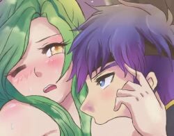 1boy1girl aibee_honey blue_eyes blue_hair blush blushing colored couple cropped cropped_image cute elincia_ridell_crimea fire_emblem fire_emblem:_path_of_radiance fire_emblem:_radiant_dawn green_hair hand_on_face headband ike_(fire_emblem) looking_at_partner male/female nintendo romantic romantic_ambiance romantic_couple romantic_sex straight wholesome yellow_eyes