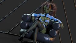 1girls 2022 3d android brown_hair clothed clothing dutch_angle elf_ears female female_only garter_straps goblin goblin_female green_body green_skin grey_background looking_at_viewer original_character platform_heels robot robot_girl robot_humanoid ruvia_(skittym) sci-fi science_fiction seated sitting skittym solid_color_background solo solo_female thighhighs