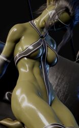 1girls 2022 3d abs black_hair eyepatch fangs female female_only goblin goblin_female green_body green_skin large_breasts looking_at_viewer maes_(skittym) on_knees original_character sharp_teeth shiny_skin skittym solo solo_female straps wet wet_body wet_skin