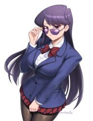 1girls adjusting_eyewear adjusting_glasses adjusting_sunglasses black_hair bowtie breasts burnt_green_tea huge_breasts komi-san_wa_komyushou_desu komi_shouko long_hair long_sleeves looking_at_viewer looking_over_eyewear looking_over_glasses looking_over_sunglasses pantyhose pleated_skirt purple-tinted_eyewear purple_eyes school_uniform simple_background skirt sunglasses tinted_eyewear white_background