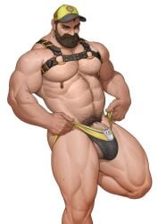 1boy abs balls ballsack bara baseball_cap beard beefy blue_eyes body_hair brown_hair dick_root facial_hair gay hairy_chest hairy_male harness human jockstrap looking_at_viewer male male_nipples male_only male_pubic_hair manly mature_male muscles muscular_male mustache nessfwkain nesskain nipple_piercing nipple_rings pecs penis pierced_nipples scrotum semi-erect testicles thong underwear veiny_penis