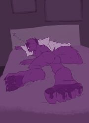 absurd_res anthro anus ass backsack balls bed boblios canid canine claws closed_eyes eyebrows feet fingers fur furniture genitals hair hi_res male male_foot_fetish male_only mammal monochrome nude pawpads paws perineum picture_frame pillow plantigrade purple_body purple_eyebrows purple_fur purple_hair purple_tail sleeping solo sound_effects vowelless vowelless_sound_effect zzz