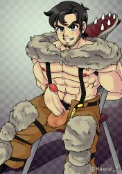 arm_hair balls bara beowulf_(skullgirls) blush body_hair boner erection facial_hair fully_clothed hands_behind_back hasout_b male male_only muscles muscular open_fly penis penis_out skullgirls solo solo_male