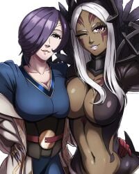 2girls asymmetrical_docking aversa_(fire_emblem) big_breasts breast_press breasts_pressed_together cahryos center_opening cleavage dark-skinned_female dark_skin female female_only fire_emblem fire_emblem_awakening fire_emblem_heroes hair_over_one_eye kiran_(fire_emblem) kiran_(fire_emblem)_(female) looking_at_viewer medium_hair multiple_girls nintendo purple_hair red_eyes short_hair smile white_hair yellow_eyes