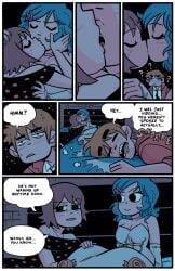 1boy 2girls 2girls1boy bonerbob comic comic_page cucked_by_lesbian cuckold dress drunk drunk_bubbles hands_on_face hands_on_knees hands_on_shoulders kim_pine lesbian making_out passed_out ramona_flowers scott_pilgrim scott_w_pilgrim speech speech_bubble yuri