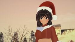 16:9 1girls 3d blush brown_hair christmas christmas_outfit closed_mouth female female_focus hikari_hazakura_(nande_koko_ni_sensei_ga!?) looking_at_viewer nande_koko_ni_sensei_ga!? open_eyes outdoors santa_costume santa_hat snow solo solo_female solo_focus standing winter